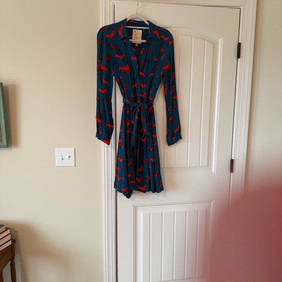 Anthropologie Dachshund Print Doxie Dog Lover Belted Long Sleeve Shirt Dress - Picture 7 of 7